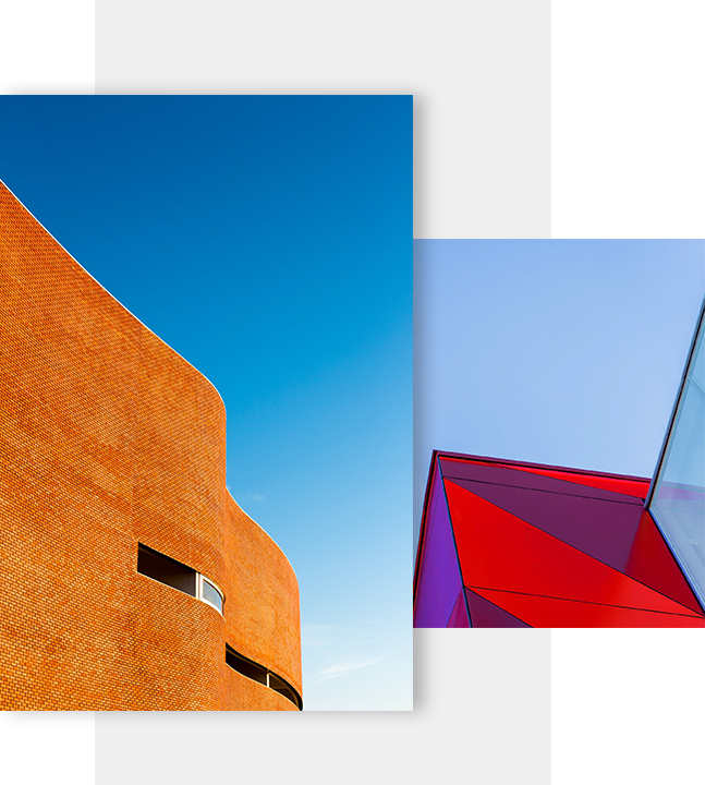 A photo collage featuring a curved brick building with small windows against a clear blue sky, overlapping with an image of a glass building with red and blue panels.